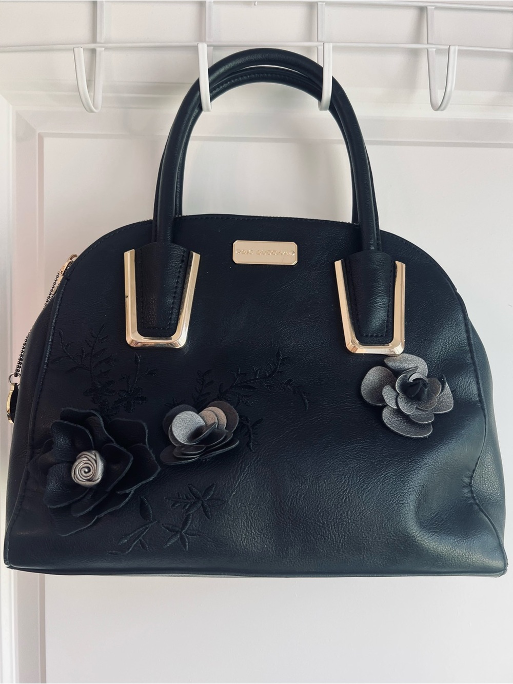 Big Buddha  Black Vegan leather Floral Appliqué Dome Satchel